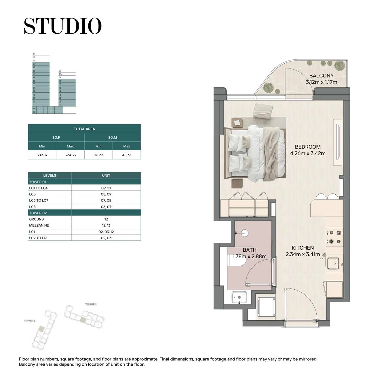 Mirasol II studio apartment, Tower 02, 389.87-524.53 sq ft floor plan.