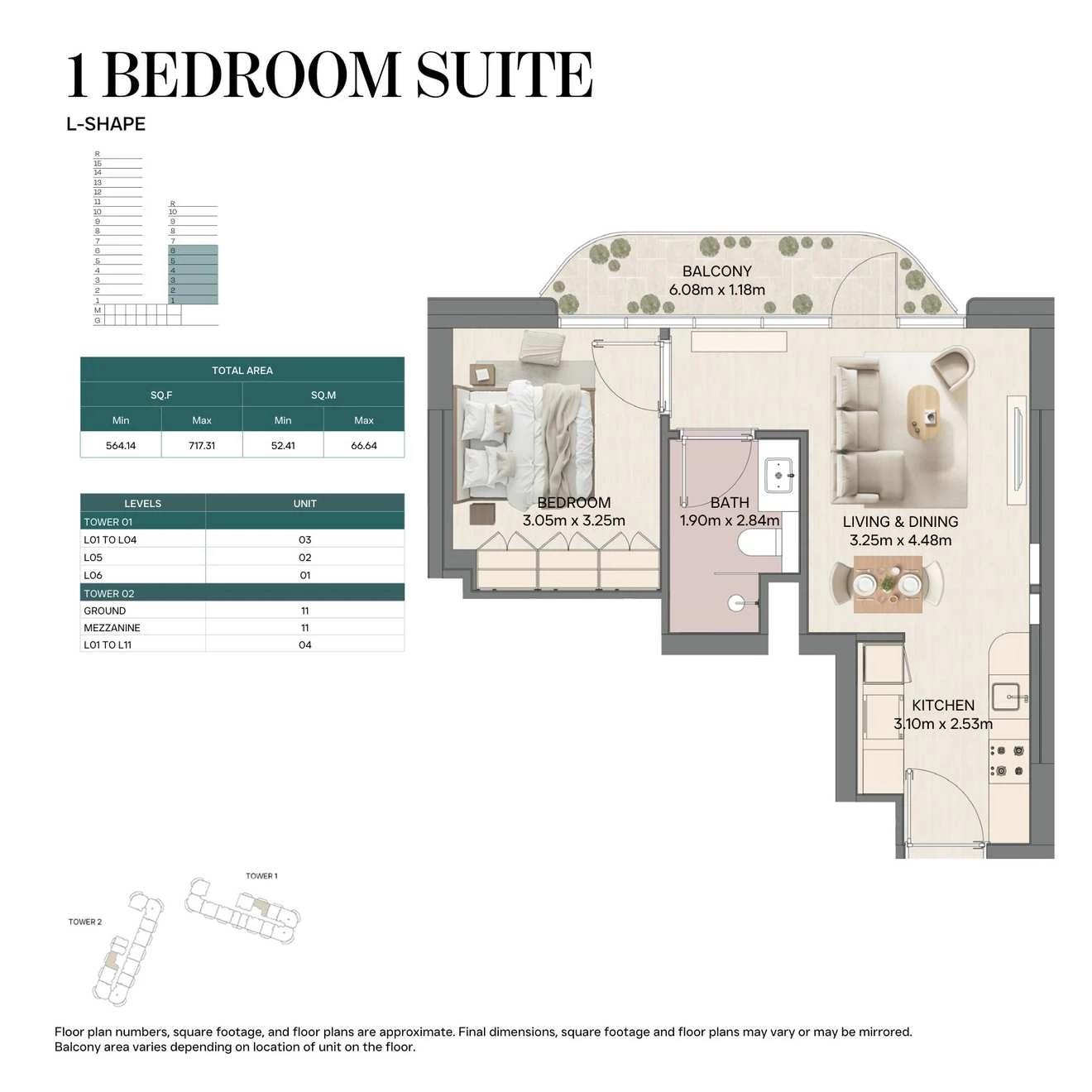 Mirasol II 1-bedroom Suite L-Shape apartment, Tower 01, 564.14-717.31 sq ft floor plan.