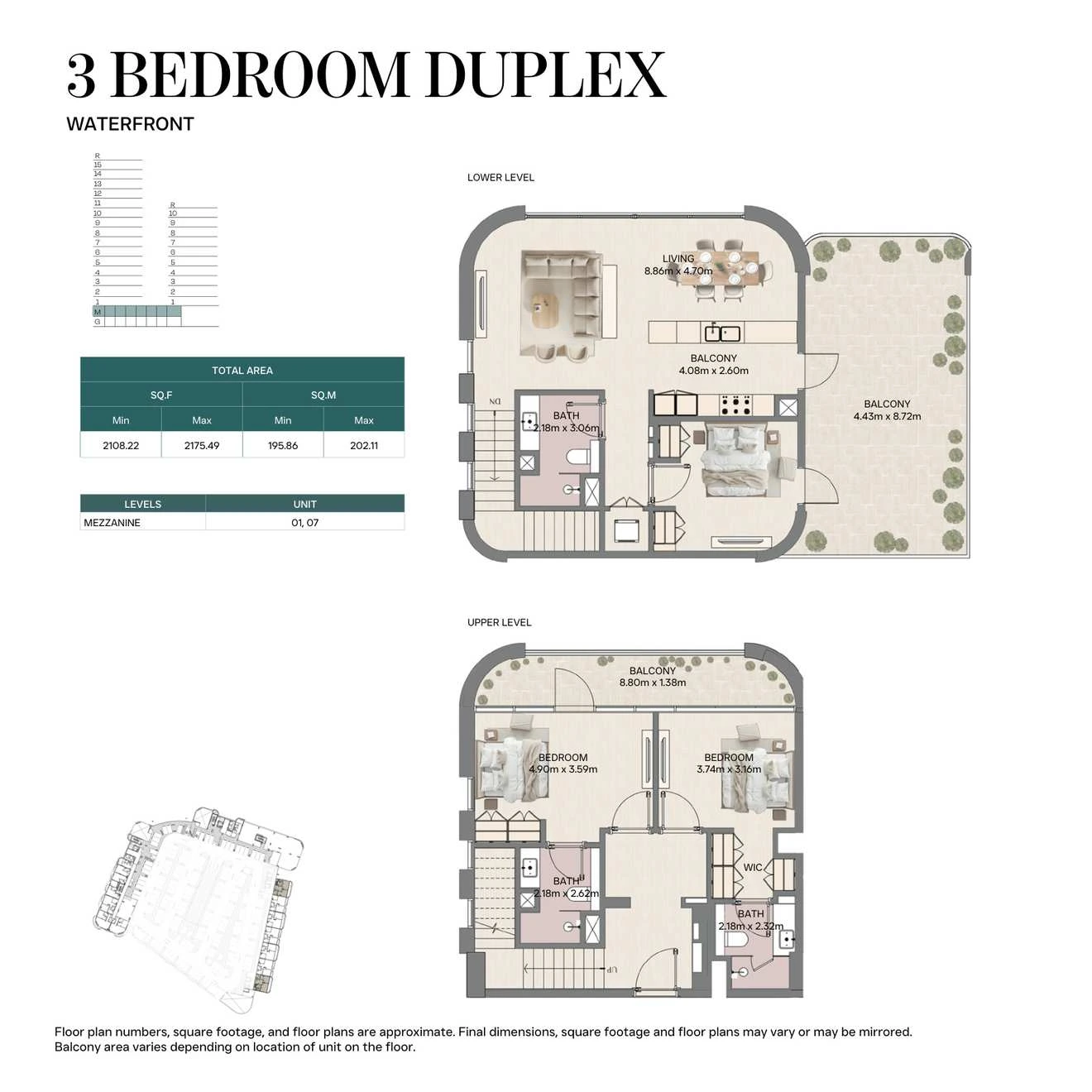 Mirasol II 3-bedroom Waterfront duplex, 2108.22-2175.49 sq ft floor plan.