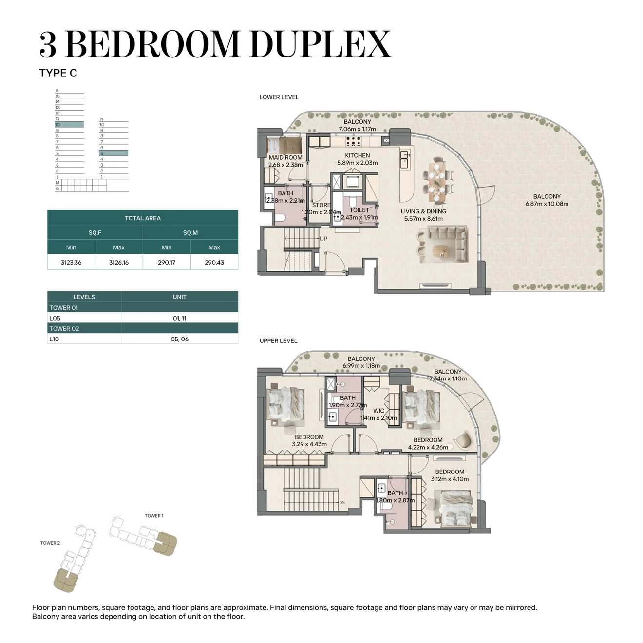 Mirasol II 3-bedroom Type C duplex, Tower 02, 3123.36-3126.16 sq ft floor plan.