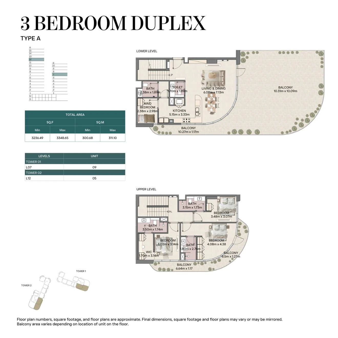 Mirasol II 3-bedroom Type A duplex, Tower 02, 3236.49-3348.65 sq ft floor plan.