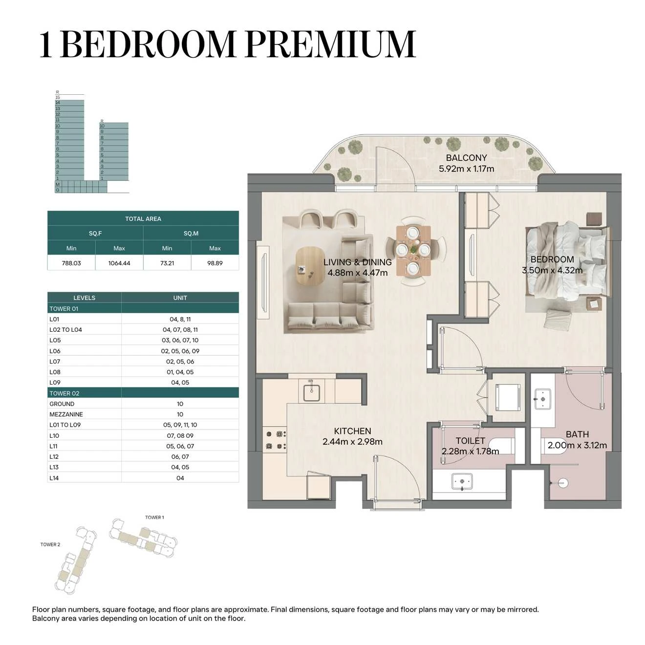 Mirasol II 1-bedroom Premium apartment, Tower 01, 788.03-1064.44 sq ft floor plan.