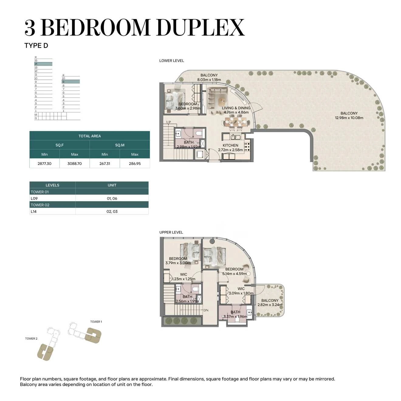Mirasol II 3-bedroom Type D duplex, Tower 02, 2877.3-3088.7 sq ft floor plan.