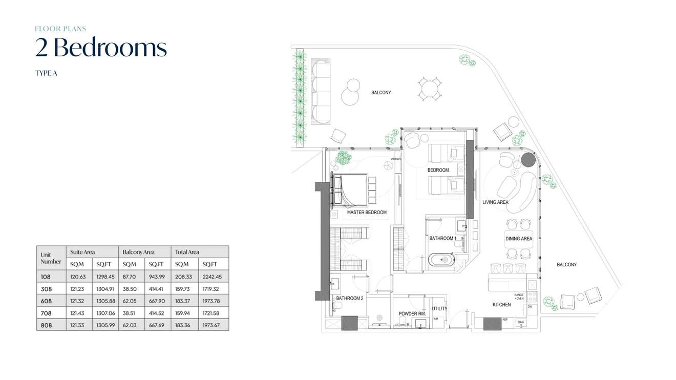 Fortune Bay Residences 2-bedroom Type A apartment, 1,719.32-2,242.45 sq ft floor plan.