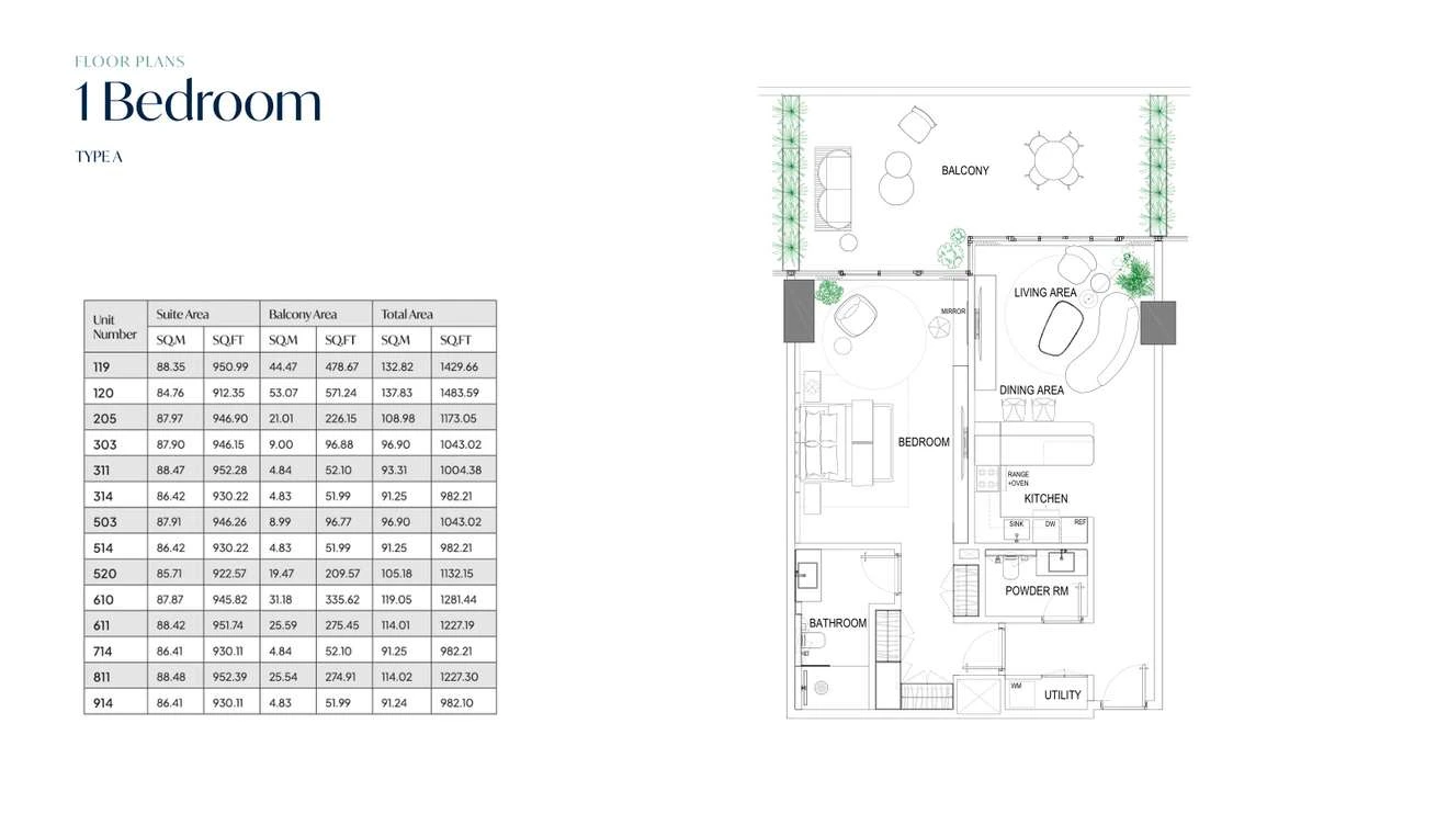 Fortune Bay Residences 1-bedroom Type A apartment, 982.10-1,483.59 sq ft floor plan.