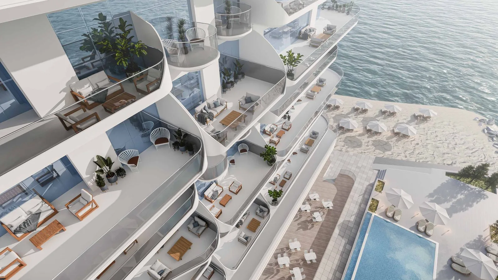 Sea-facing Fortune Bay Residences balconies overlooking the private beach