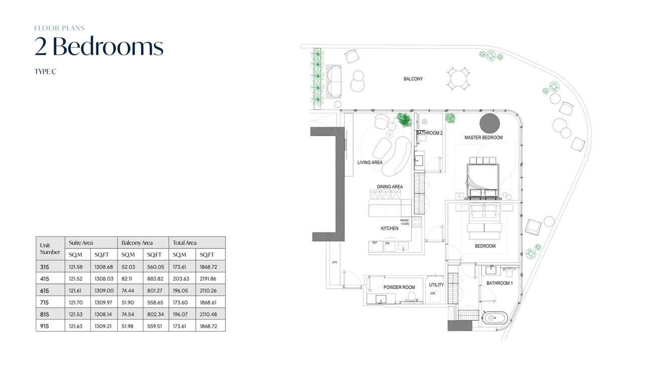 Fortune Bay Residences 2-bedroom Type C apartment, 1,868.61-2,191.86 sq ft floor plan.