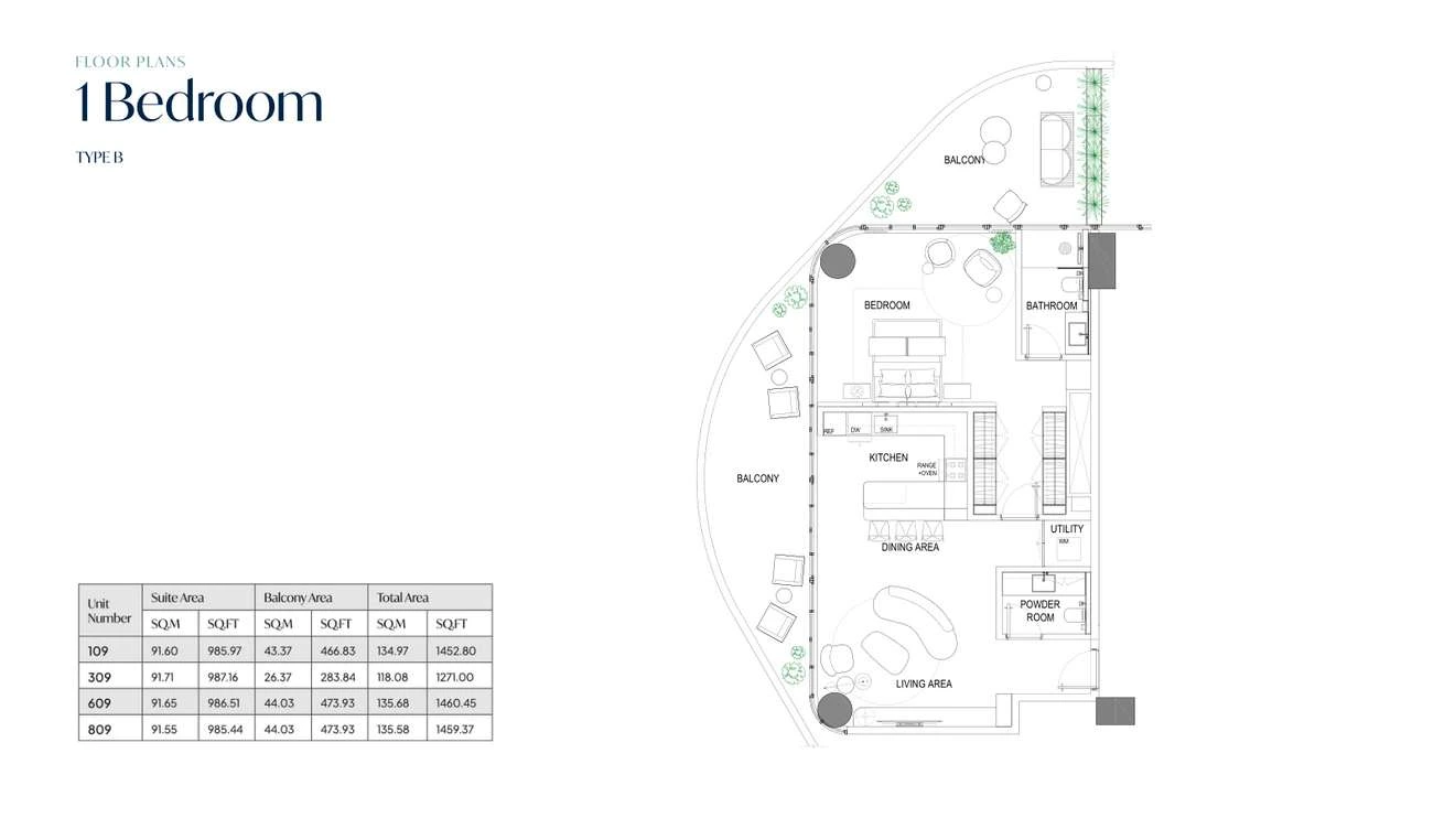 Fortune Bay Residences 1-bedroom Type B apartment, 1,271.00-1,460.45 sq ft floor plan.