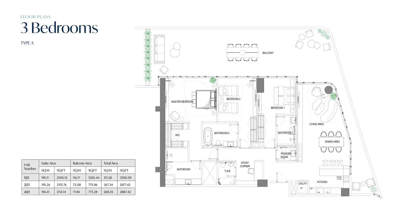 Fortune Bay Residences 3-bedroom Type A apartment, 2,877.62-3,350.59 sq ft floor plan.