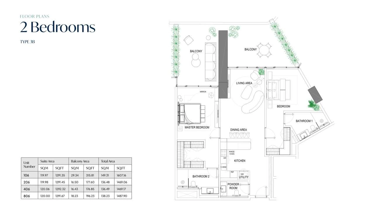 Fortune Bay Residences 2-bedroom Type 3B apartment, 1,469.06-1,607.16 sq ft floor plan.