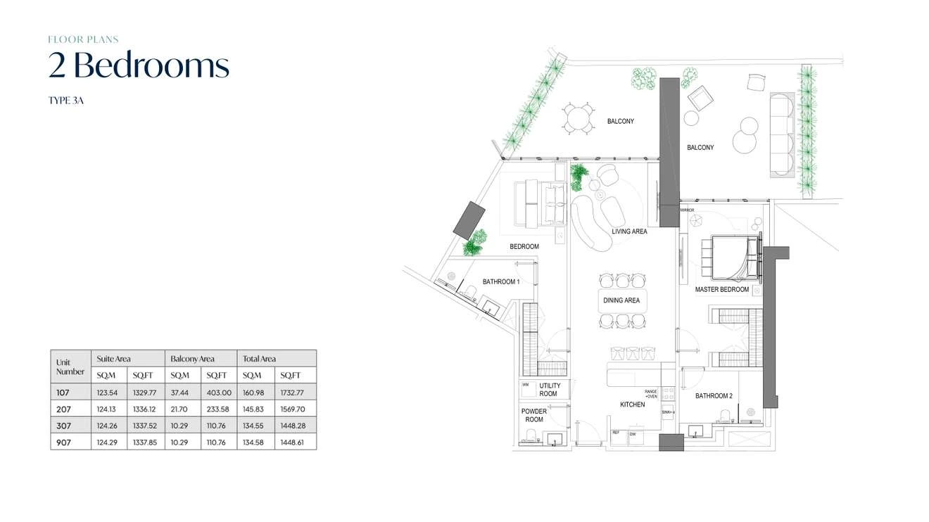Fortune Bay Residences 2-bedroom Type 3A apartment, 1,448.28-1,732.77 sq ft floor plan.