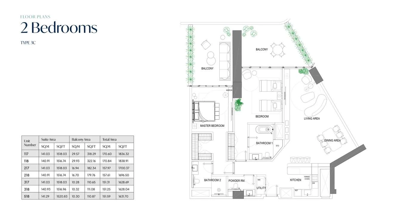 Fortune Bay Residences 2-bedroom Type 3C apartment, 1,628.04-1,838.91 sq ft floor plan.