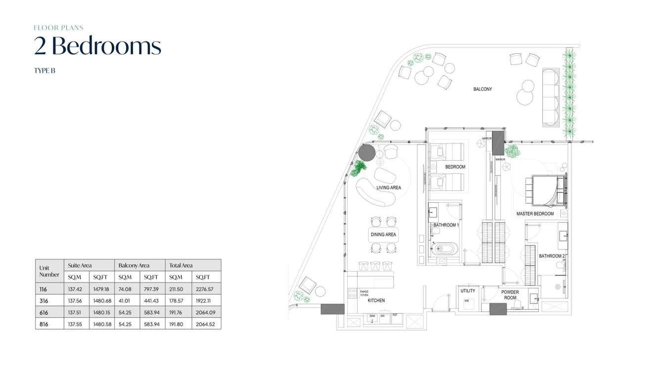 Fortune Bay Residences 2-bedroom Type B apartment, 1,922.11-2,276.57 sq ft floor plan.