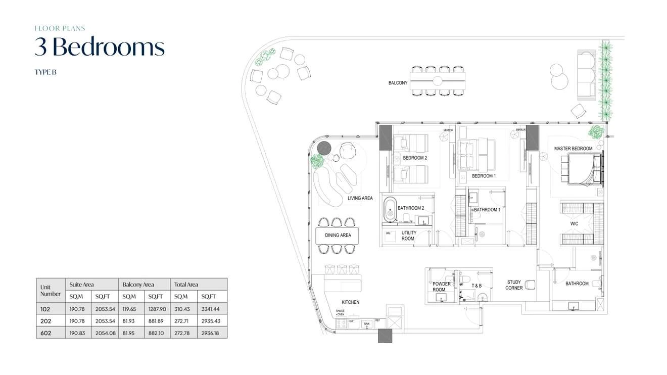 Fortune Bay Residences 3-bedroom Type B apartment, 2,935.43-3,341.44 sq ft floor plan.