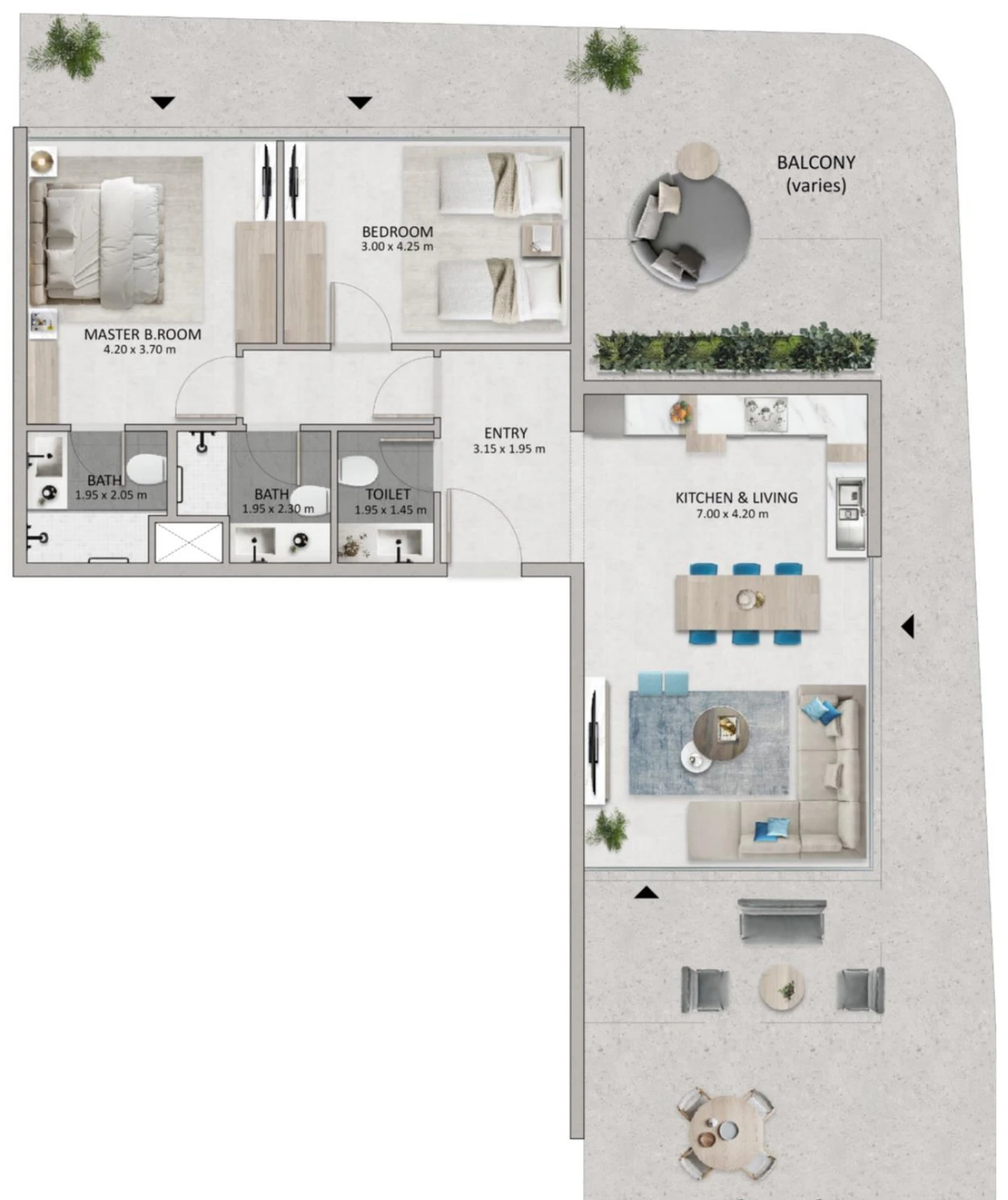 Mayyas at The Bay 2-bedroom Type D apartment floor plan, 954 sq ft