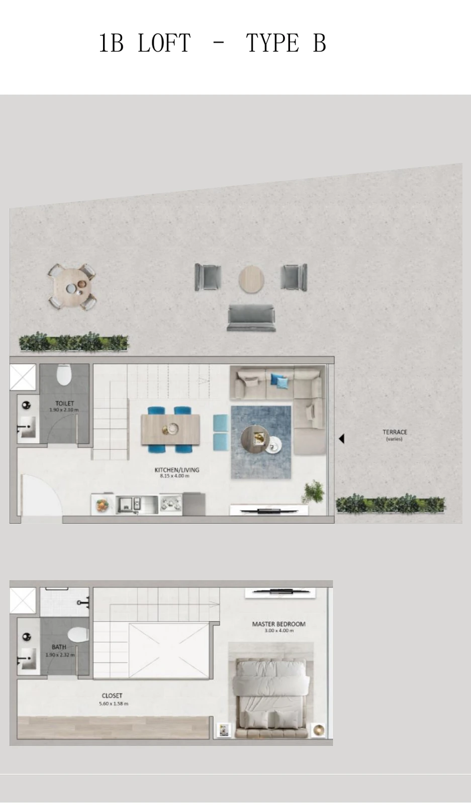 Mayyas at The Bay 1-bedroom Loft Type B duplex floor plan showing ground and upper levels, 705 sq ft