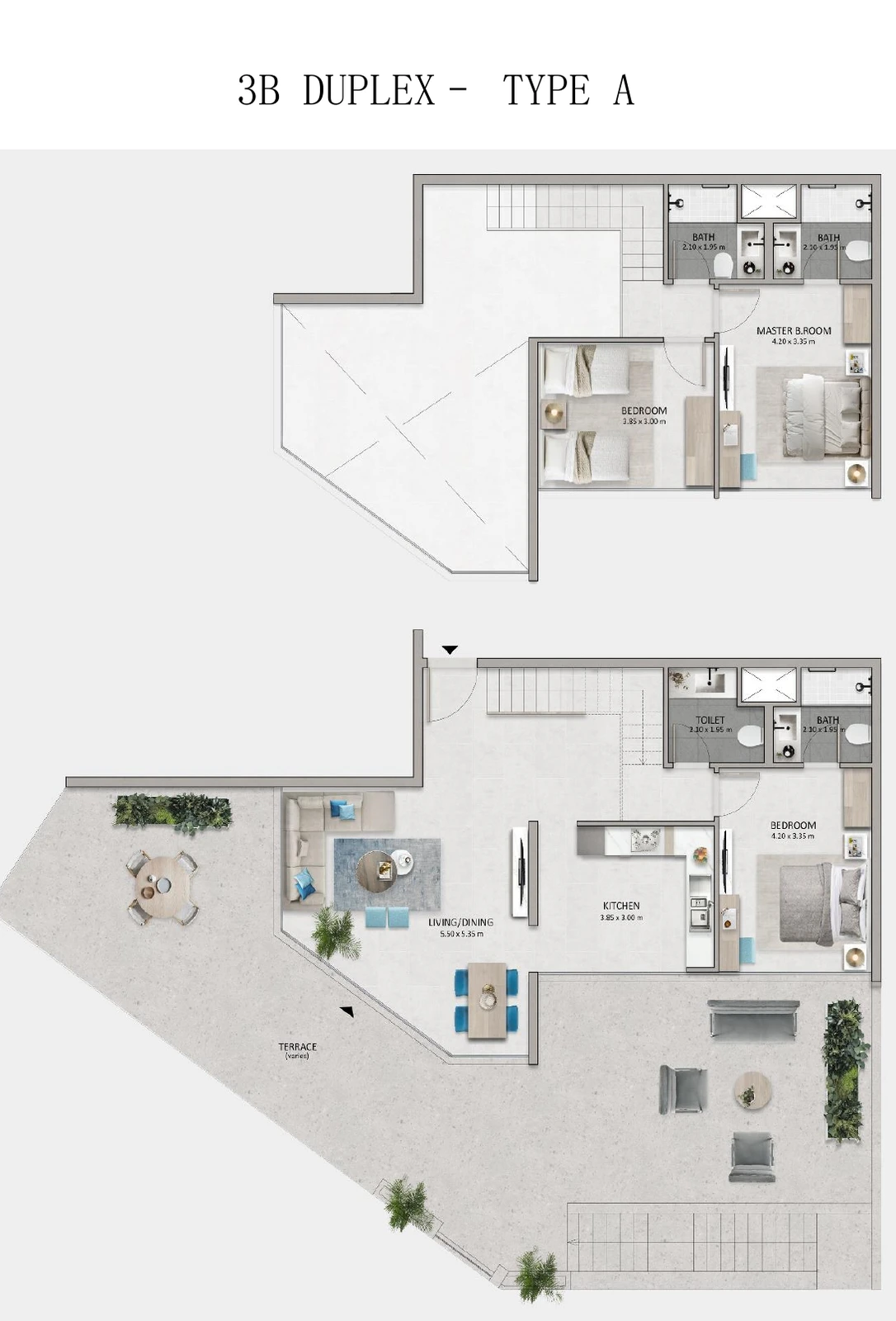 Mayyas at The Bay 3-bedroom Type A duplex floor plan showing ground and upper levels, 1,395 sq ft