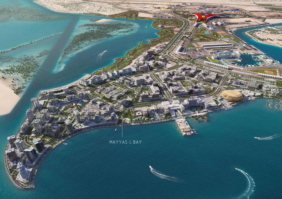Aerial location plan of Yas Bay highlighting Mayyas at The Bay beside the waterfront
