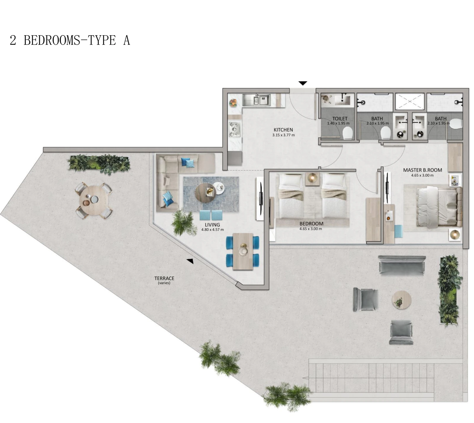 Mayyas at The Bay 2-bedroom Type A apartment floor plan, 891 sq ft