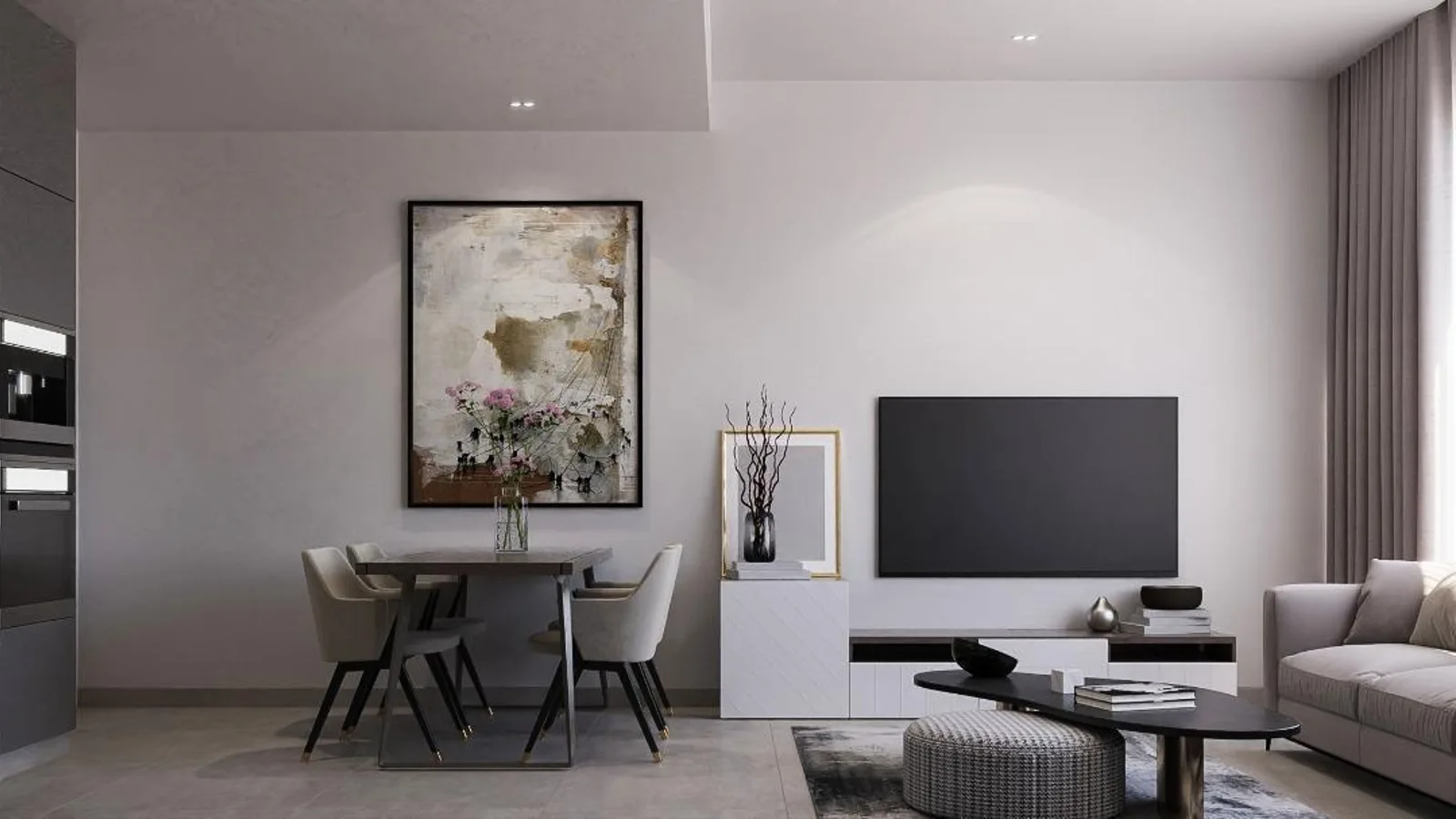 Open-plan living and dining interior at Mayyas at The Bay