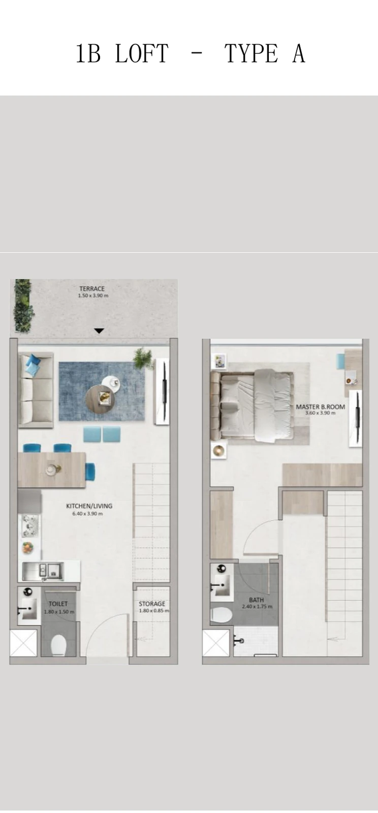 Mayyas at The Bay 1-bedroom Loft Type A duplex floor plan showing ground and upper levels, 705 sq ft