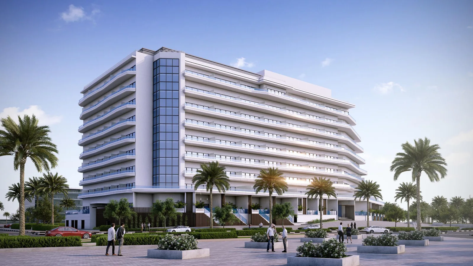 Waterfront-facing exterior of Mayyas at The Bay with tiered balconies