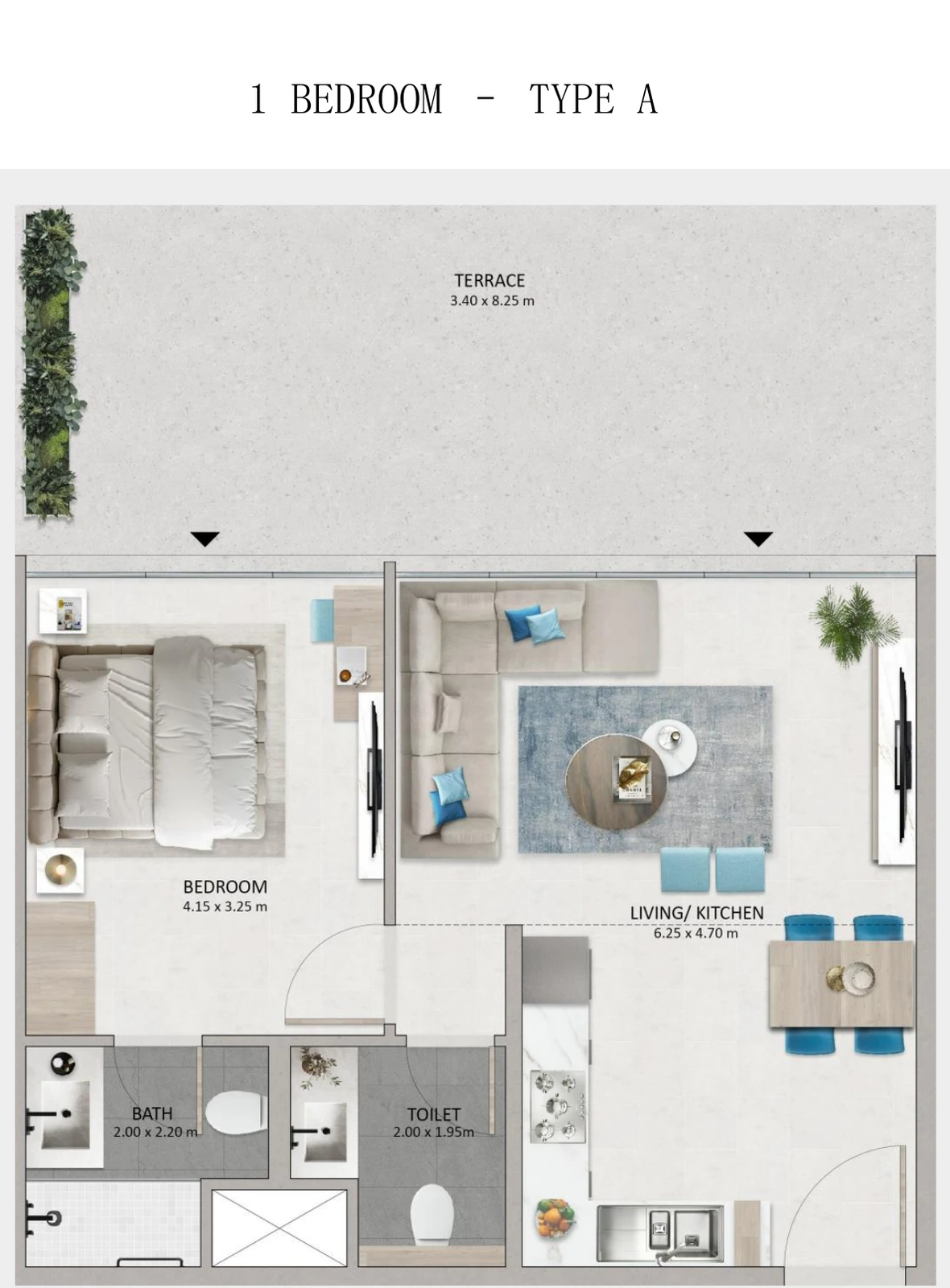 Mayyas at The Bay 1-bedroom Type A apartment floor plan, 601 sq ft