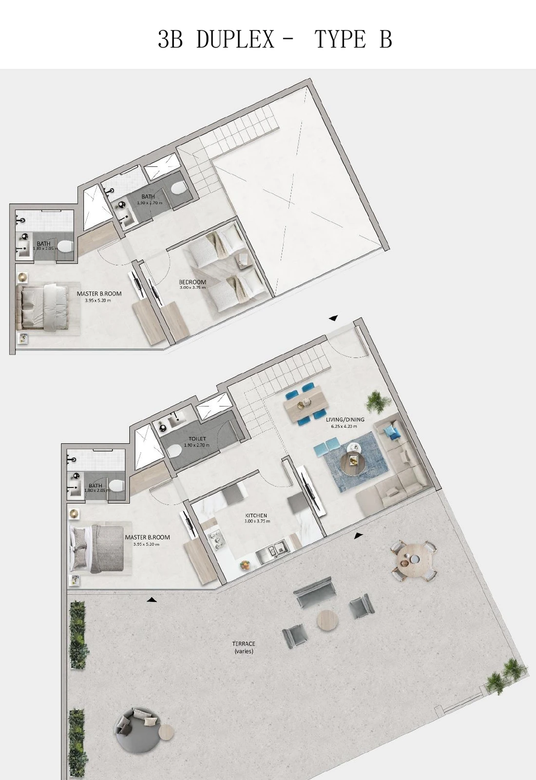 Mayyas at The Bay 3-bedroom Type B duplex floor plan showing ground and upper levels, 1,499 sq ft
