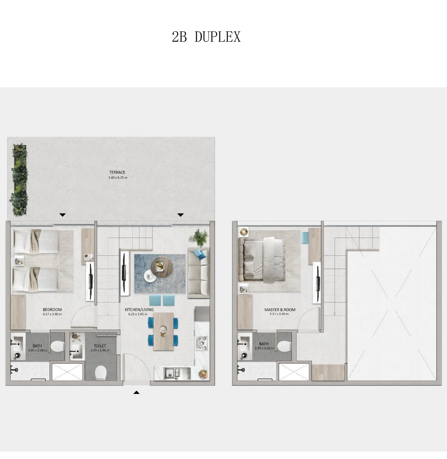Mayyas at The Bay 2-bedroom duplex floor plan showing ground and upper levels, 988 sq ft