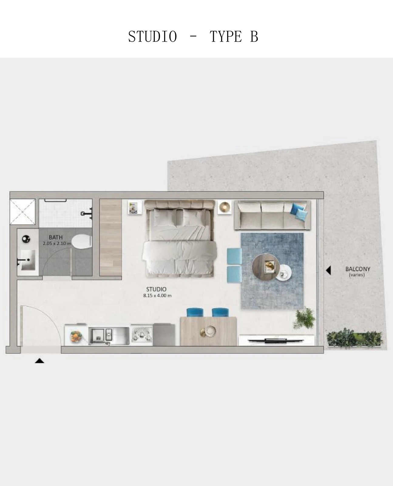 Mayyas at The Bay studio Type B apartment floor plan, 392 sq ft