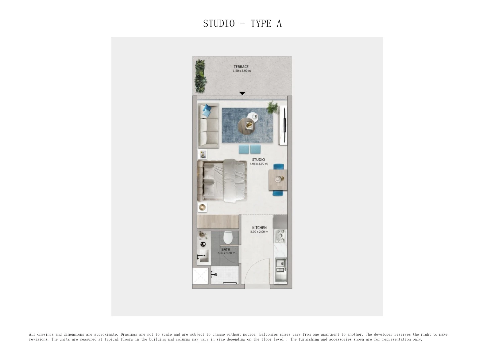 Mayyas at The Bay studio Type A apartment floor plan, 368 sq ft