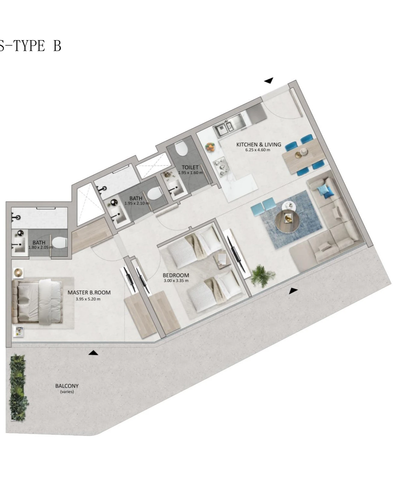 Mayyas at The Bay 2-bedroom Type B apartment floor plan, 864 sq ft