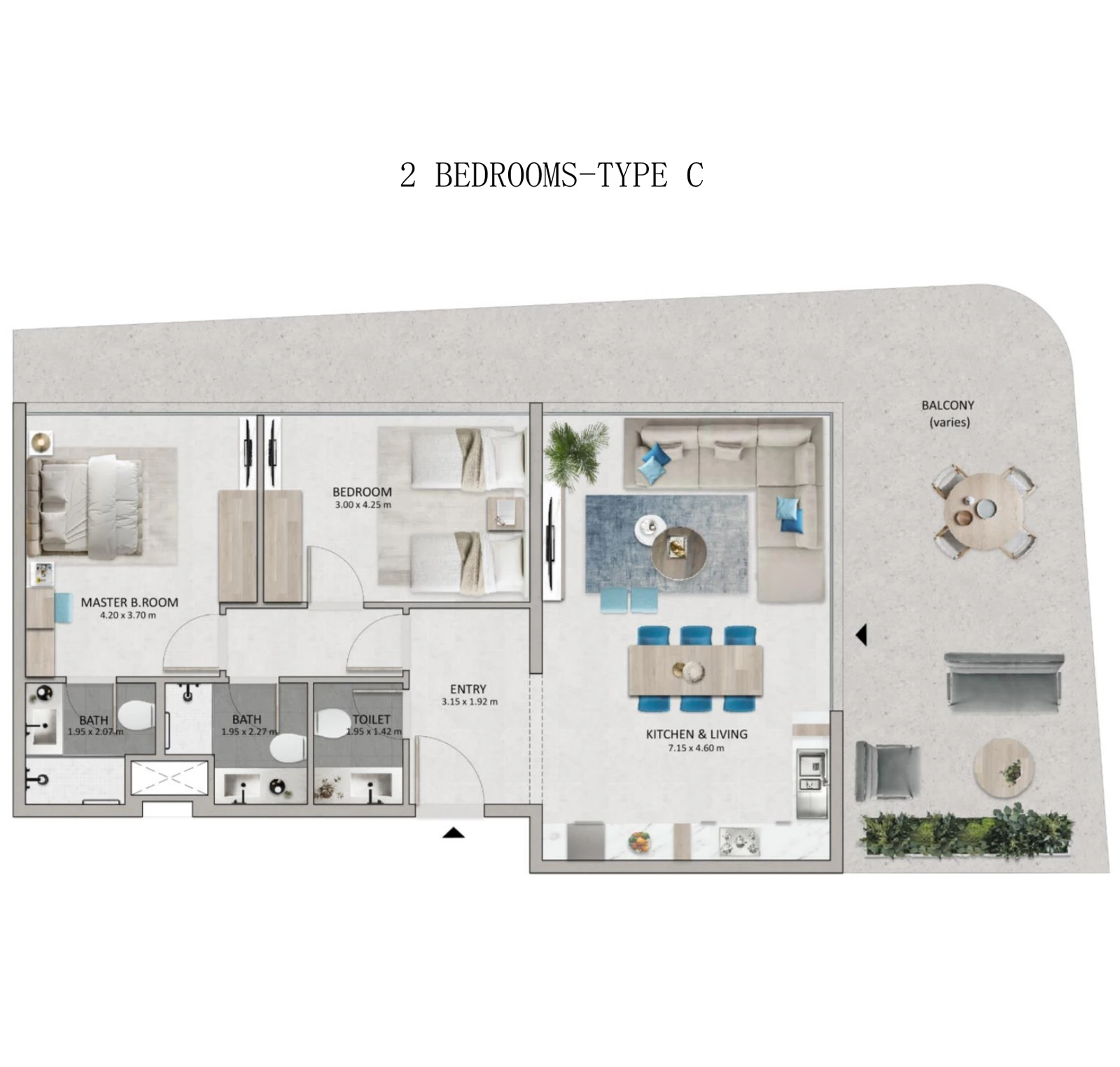 Mayyas at The Bay 2-bedroom Type C apartment floor plan, 983 sq ft