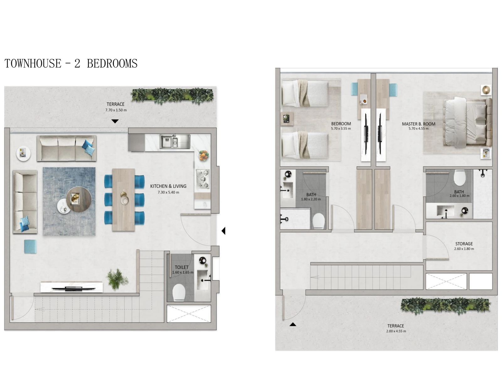 Mayyas at The Bay 2-bedroom townhouse floor plan showing ground and upper levels, 1,320 sq ft