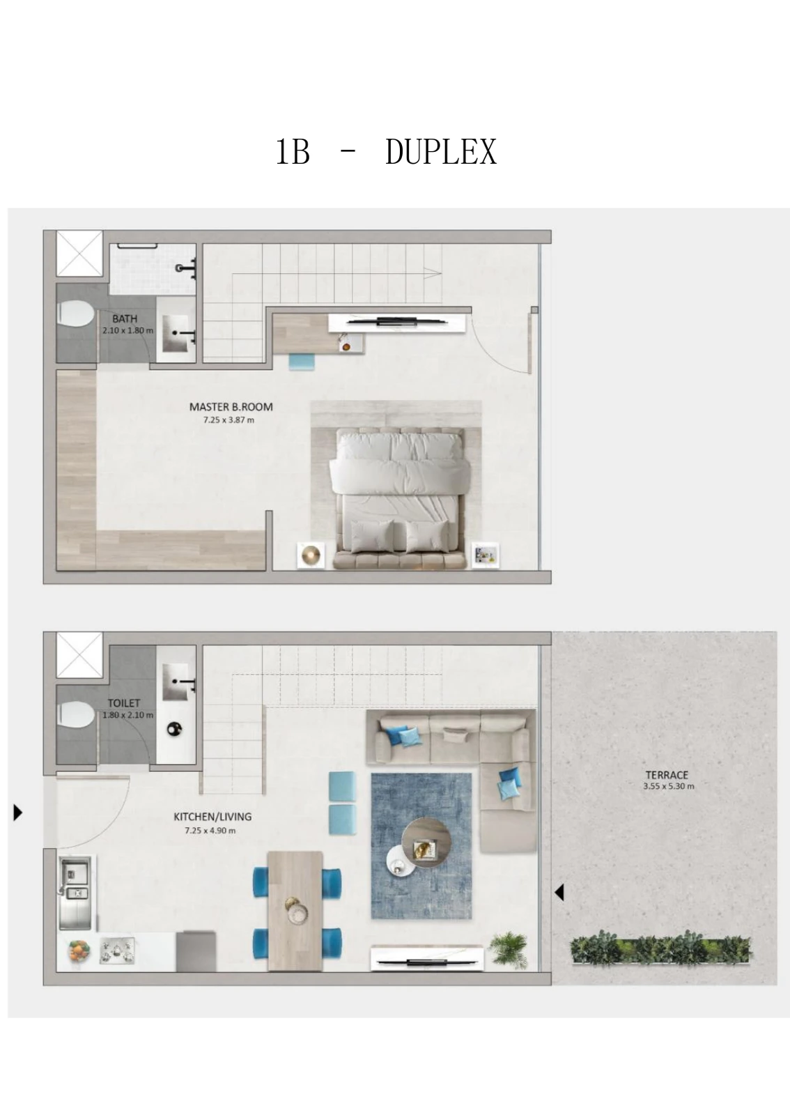 Mayyas at The Bay 1-bedroom duplex floor plan showing ground and upper levels, 696 sq ft