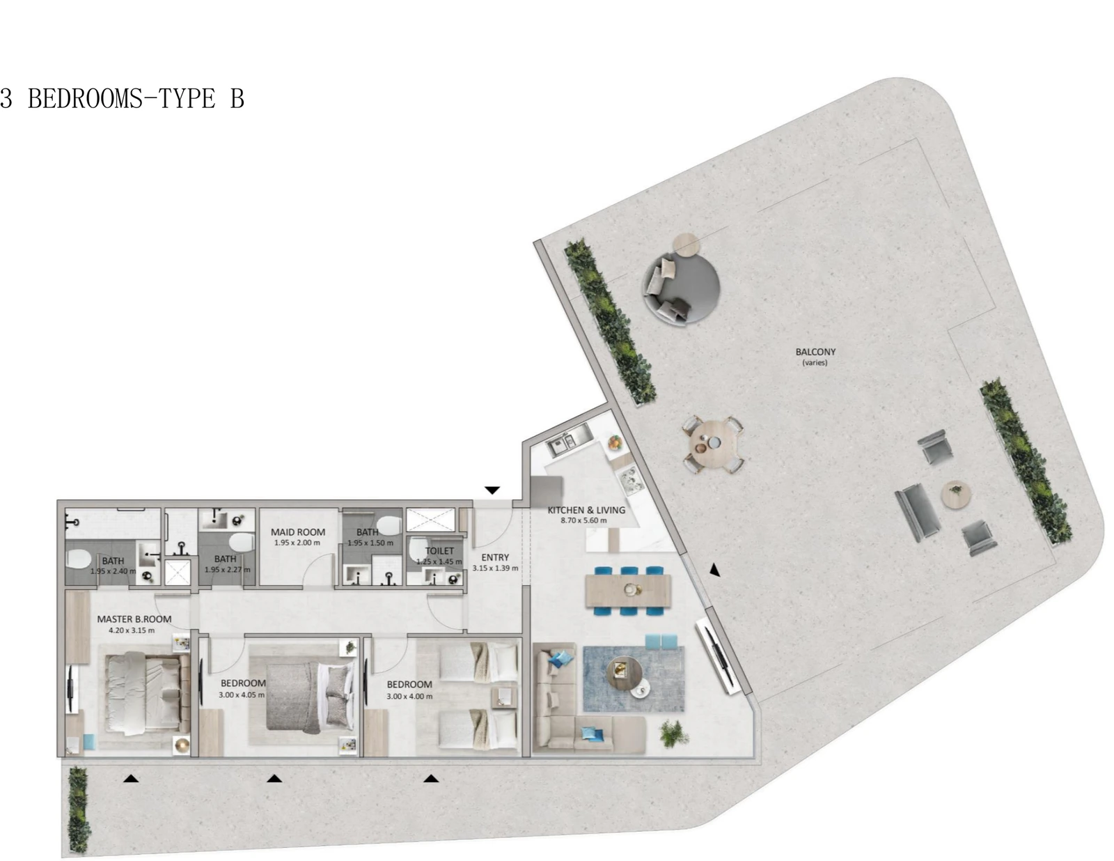 Mayyas at The Bay 3-bedroom Type B apartment floor plan, 1,252 sq ft