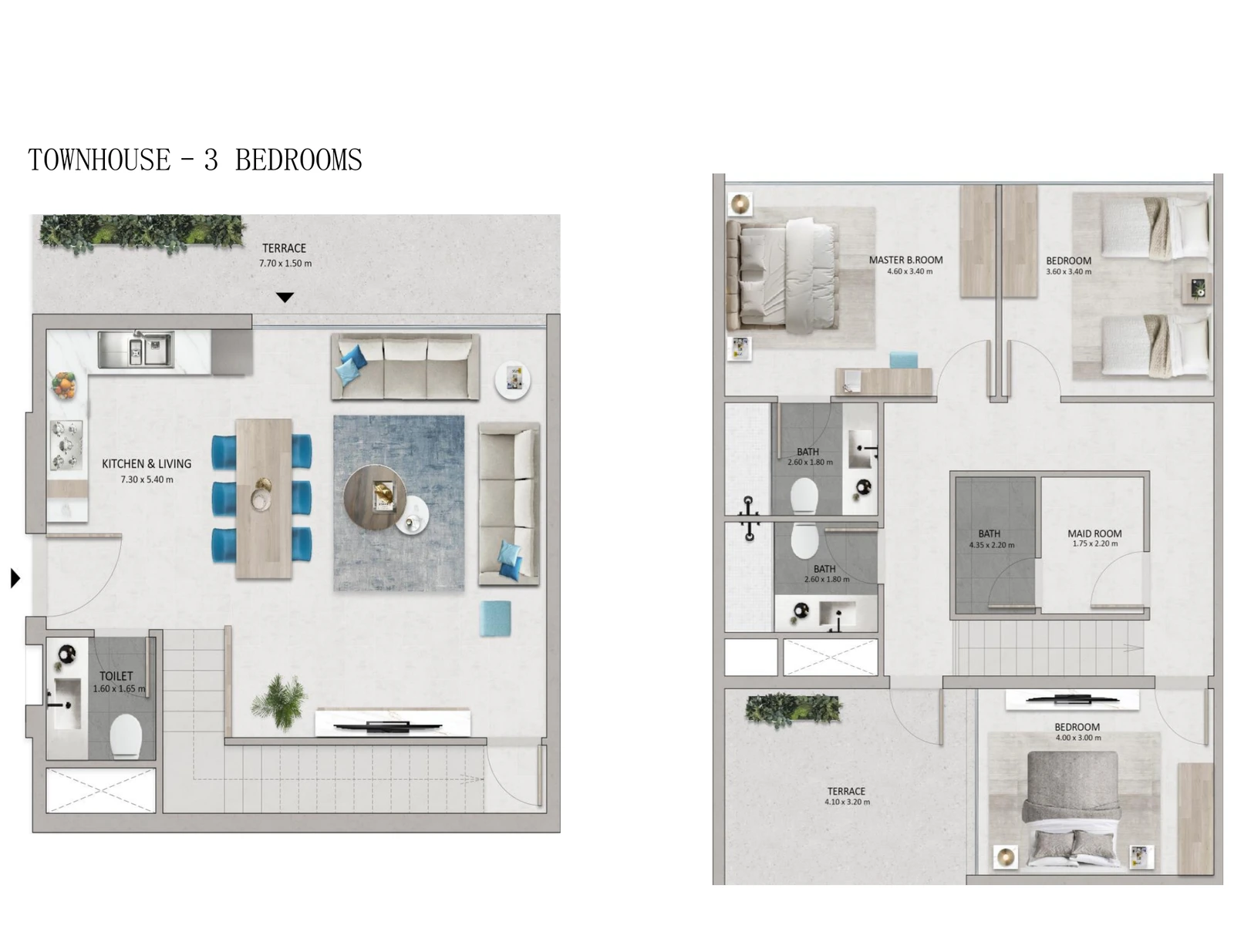 Mayyas at The Bay 3-bedroom townhouse floor plan showing ground and upper levels, 1,468 sq ft