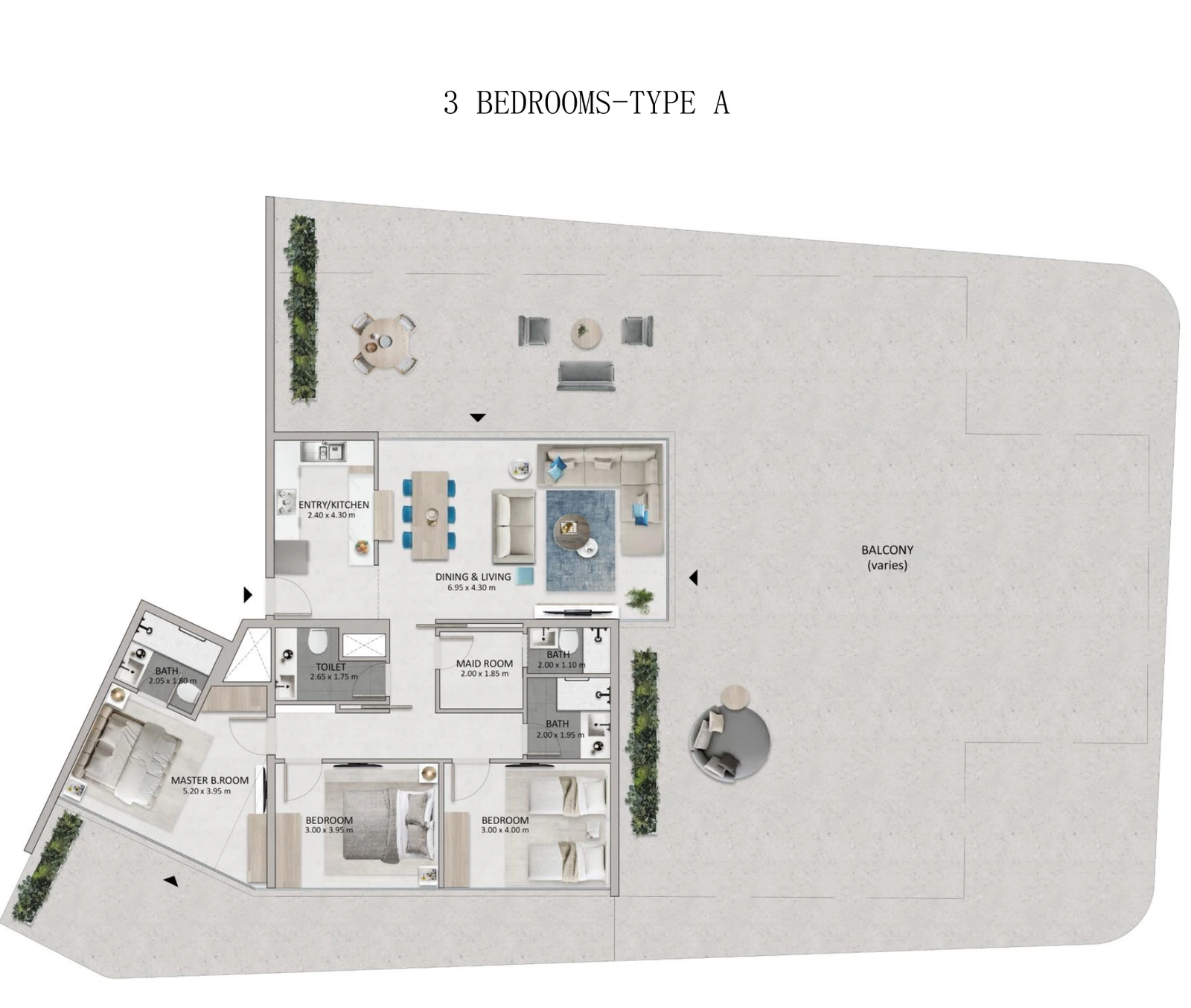 Mayyas at The Bay 3-bedroom Type A apartment floor plan, 1,344 sq ft