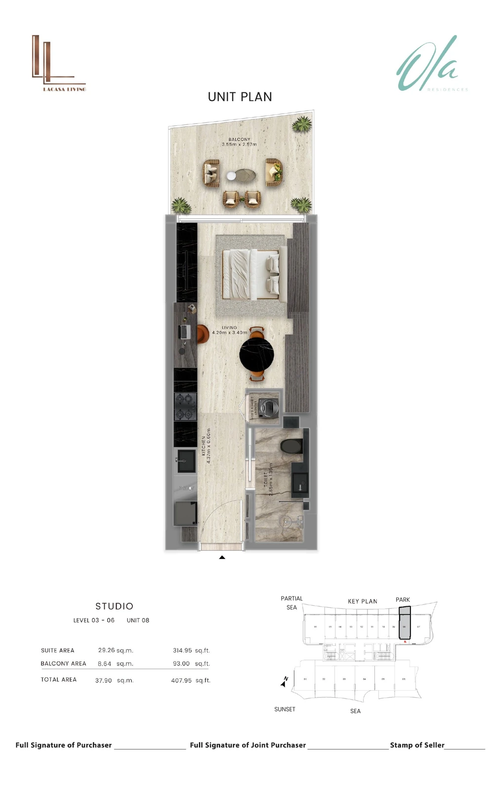 Ola Residences studio Levels 3-6 Unit 08 apartment floor plan, 407.95 sq ft