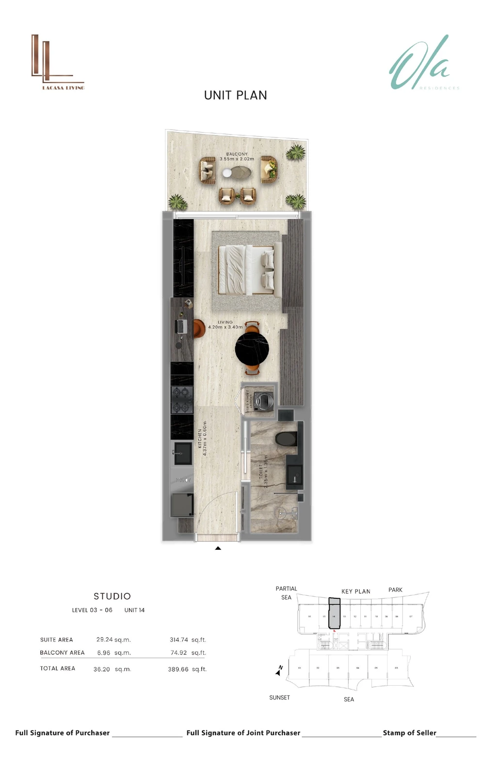 Ola Residences studio Levels 3-6 Unit 14 apartment floor plan, 389.66 sq ft