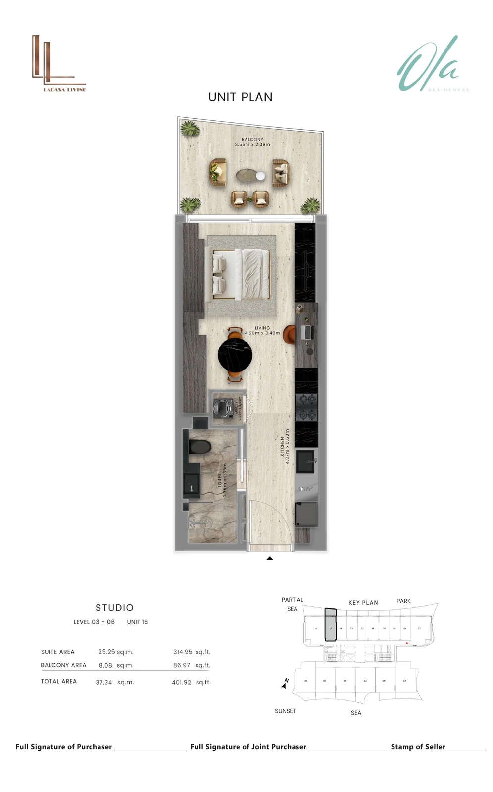 Ola Residences studio Levels 3-6 Unit 15 apartment floor plan, 401.92 sq ft