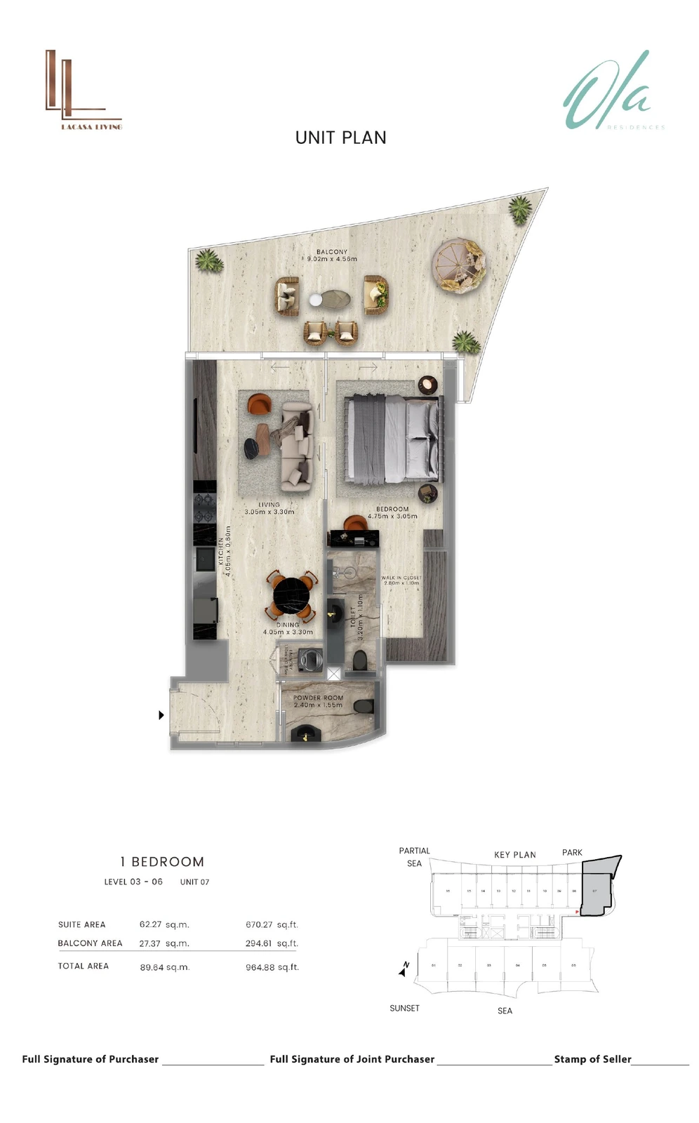 Ola Residences 1-bedroom Levels 3-6 Unit 07 apartment floor plan, 964.88 sq ft