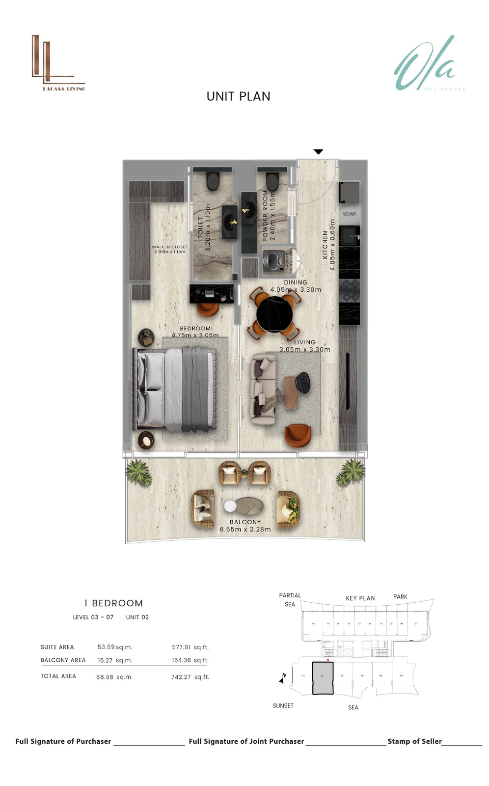 Ola Residences 1-bedroom Levels 3-7 Unit 02 apartment floor plan, 742.27 sq ft