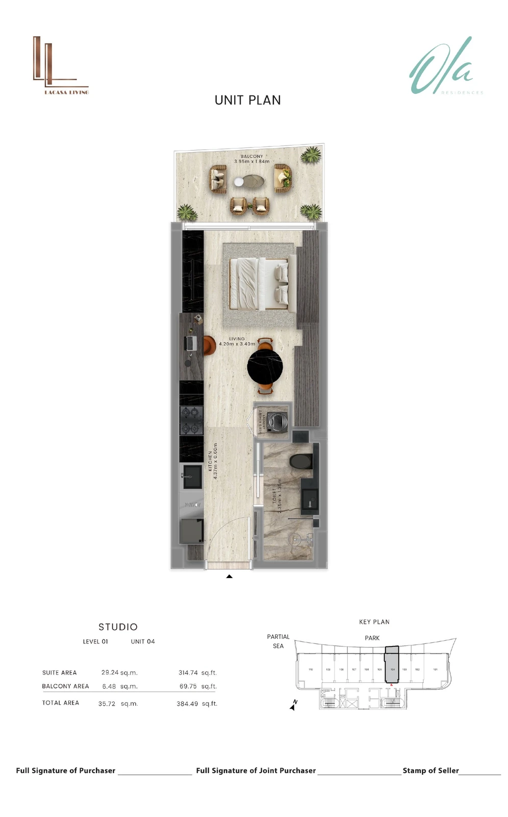 Ola Residences studio Level 1 Unit 04 apartment floor plan, 384.49 sq ft