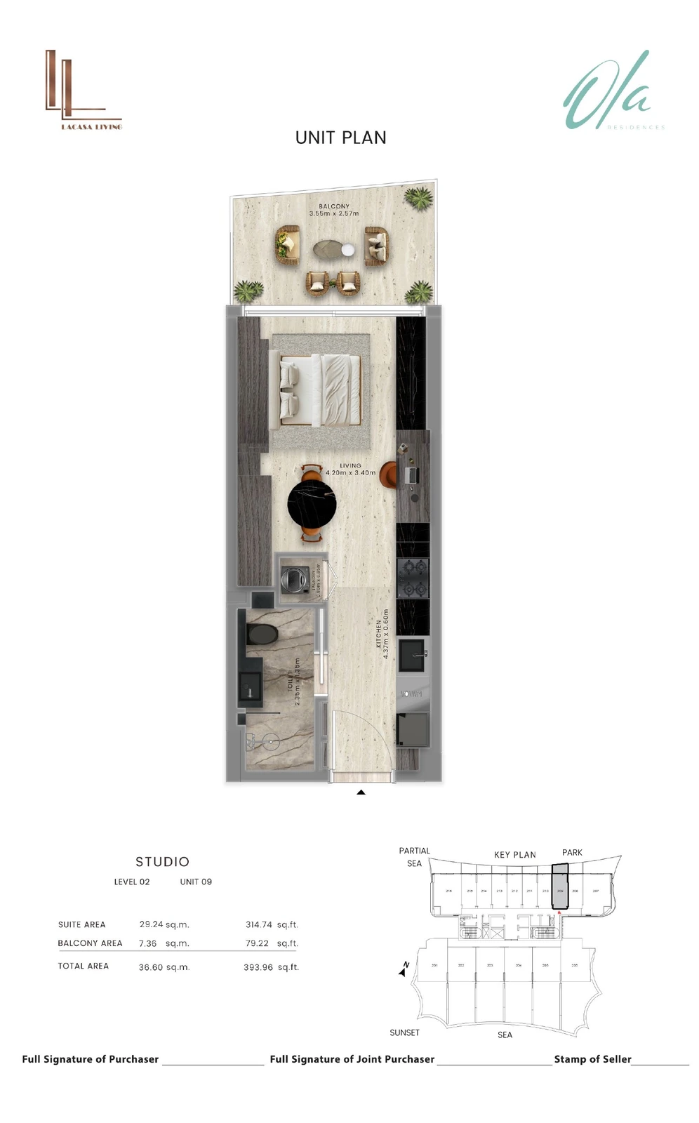 Ola Residences studio Level 2 Unit 09 apartment floor plan, 393.96 sq ft