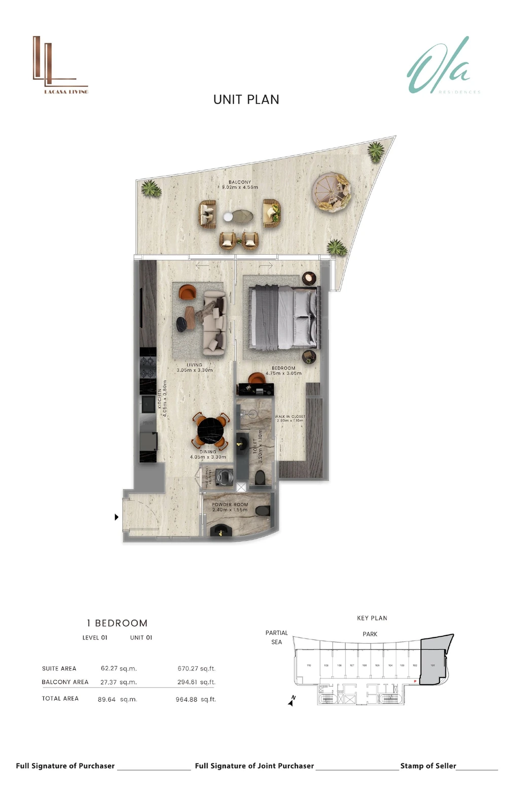 Ola Residences 1-bedroom Level 1 Unit 01 apartment floor plan, 964.88 sq ft