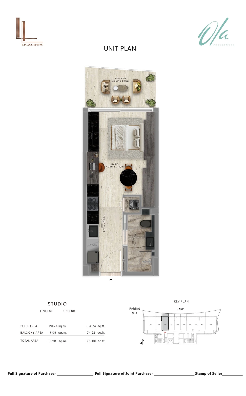 Ola Residences studio Level 1 Unit 08 apartment floor plan, 389.66 sq ft