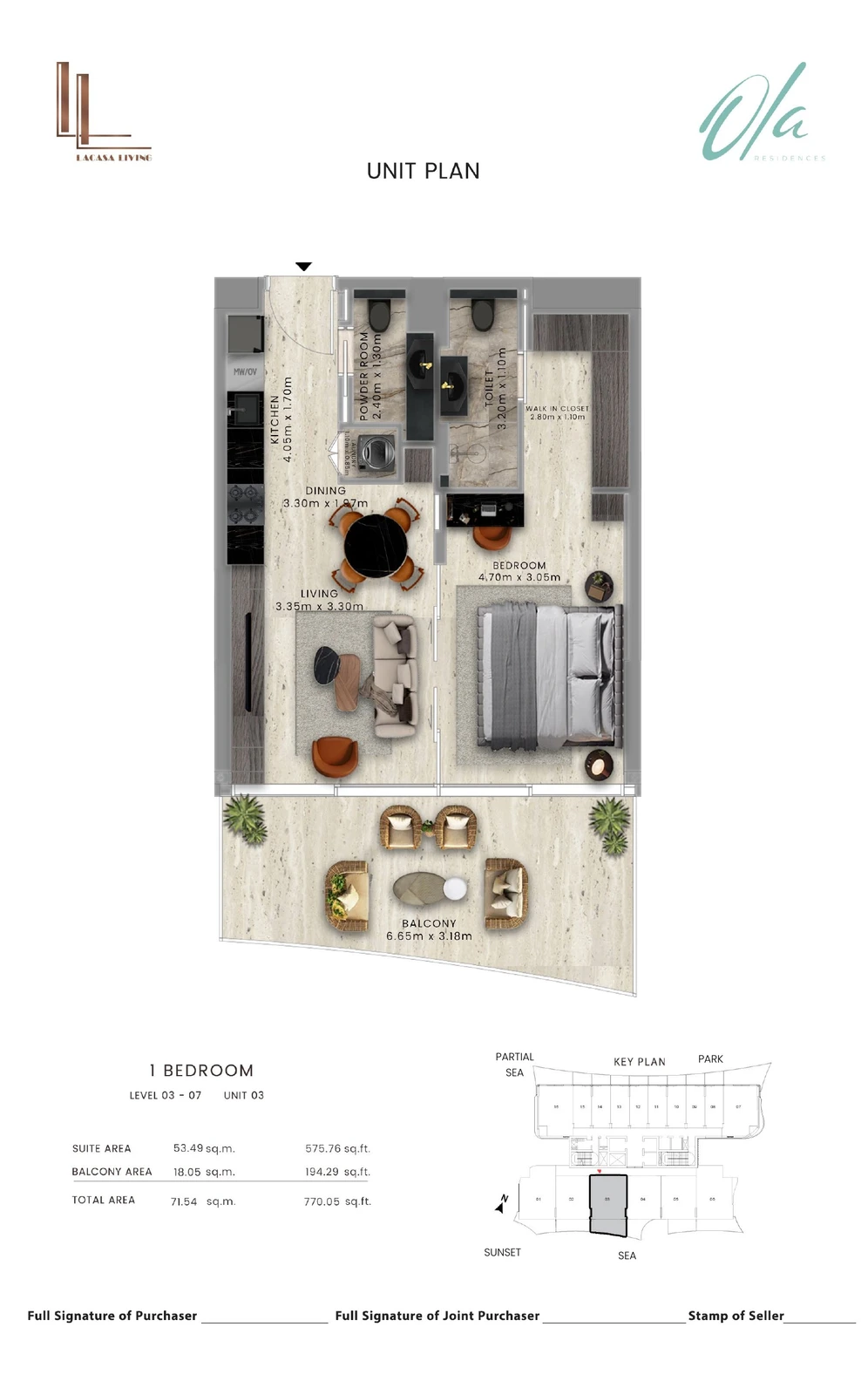 Ola Residences 1-bedroom Levels 3-7 Unit 03 apartment floor plan, 770.05 sq ft