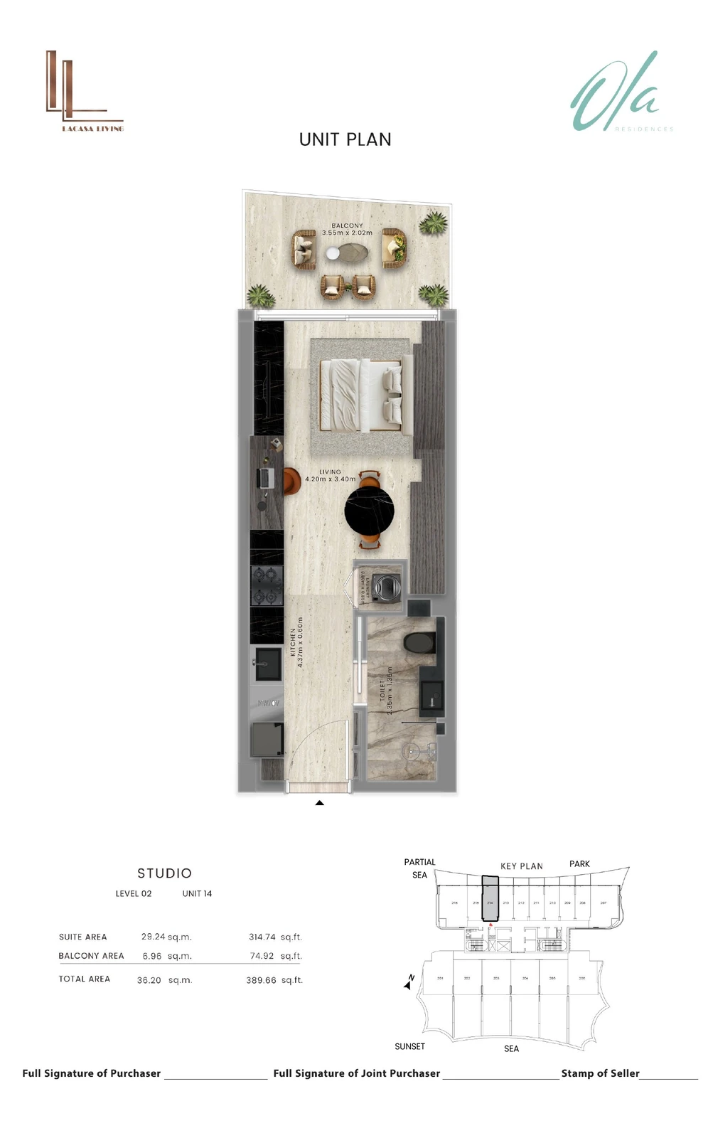 Ola Residences studio Level 2 Unit 14 apartment floor plan, 389.66 sq ft