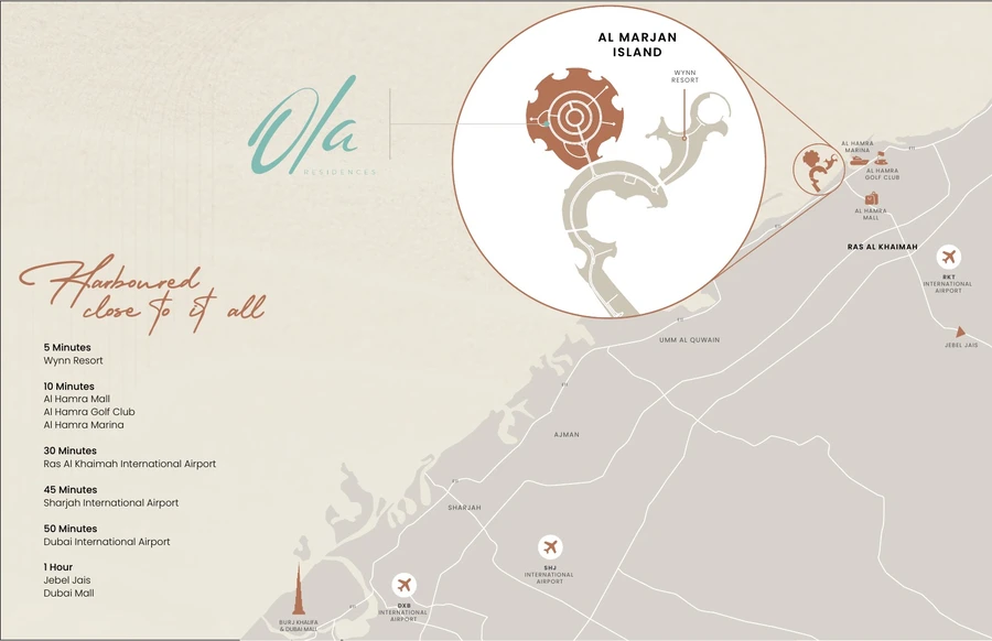Location map of Ola Residences on Al Marjan Island with nearby destinations and airports
